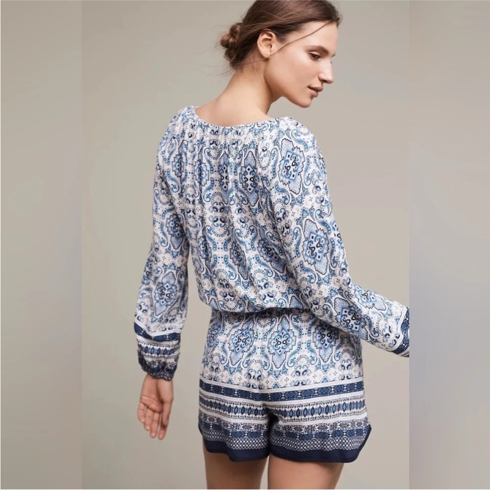 Athropologie Elevenses Basia Romper Long Sleeve V Neck Boho Blue Coastal Resort - Picture 2 of 13